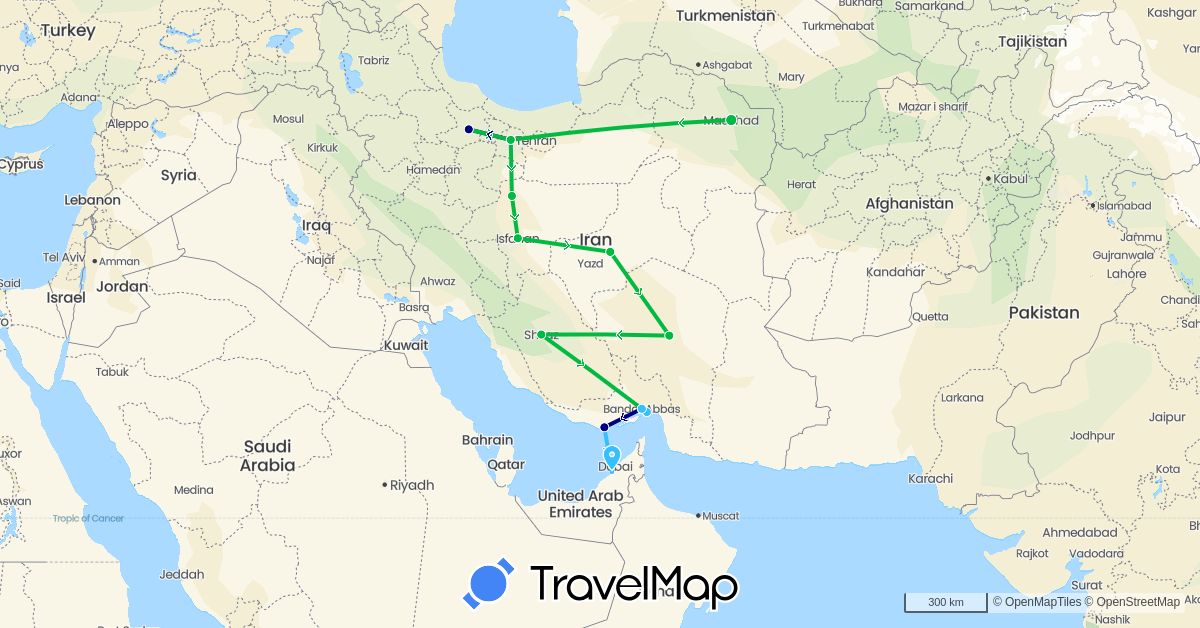 TravelMap itinerary: driving, bus, boat in United Arab Emirates, Iran (Asia)